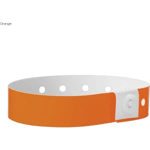 An orange plastic wristband with a white fastening, featuring holes for adjustability.