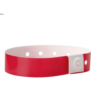 A red plastic wristband featuring holes and a secure closure. The band has a smooth finish and includes a logo.