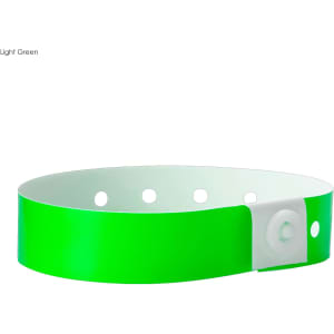 A light green plastic wristband with a white fastening mechanism and multiple holes for adjustments.