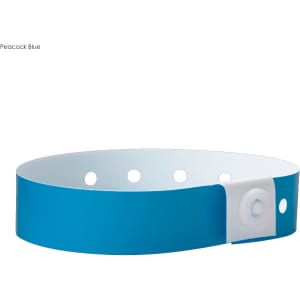 A peacock blue plastic wristband with a secure fastener and multiple holes for size adjustment. Features a logo.