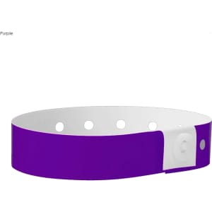 A purple plastic wristband with a white fastening and several holes for adjustment. Features a logo.