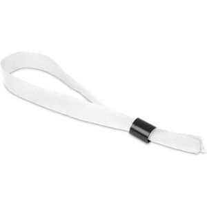 A white wristband with a black fastening, designed for corporate events and exhibitions.