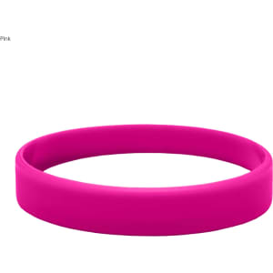A pink silicone wristband with a smooth, circular design and a branding logo.