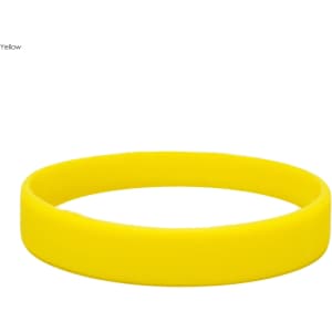 A yellow silicone wristband with a smooth finish and a circular shape, featuring a logo.