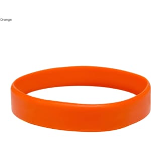 An orange silicone wristband with a smooth surface and a circular shape. It features a logo.