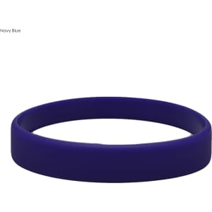A navy blue silicone wristband with a smooth, circular design and a soft texture. It features a logo.