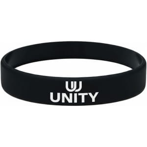 A black silicone wristband with the word "UNITY" printed in white and a logo on it.