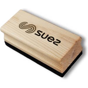 A wooden whiteboard eraser with a smooth wooden top and a black felt bottom. It features a logo.