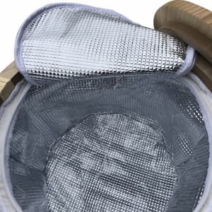 A round picnic cooler basket with a silver insulated interior and a wooden rim. It features a reflective lid.