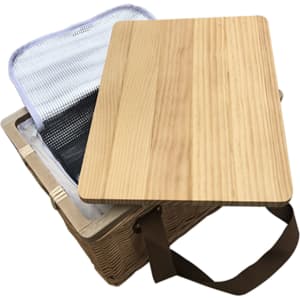 A square wicker picnic cooler basket with a wooden lid and a light-coloured interior, featuring a handle and an insulated lining.