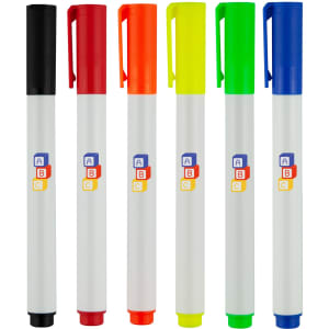 A set of six whiteboard markers in black, red, orange, yellow, green, and blue, each with a branded design.
