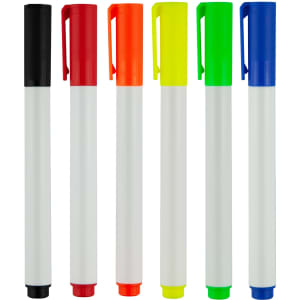A set of six whiteboard markers in black, red, orange, yellow, green, and blue with white barrels and caps.