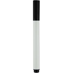 A whiteboard marker with a black cap and a cylindrical white barrel, featuring a logo on the body.
