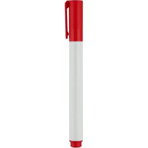 A whiteboard marker with a red cap and tip, featuring a white barrel and a clip. The product has a logo.