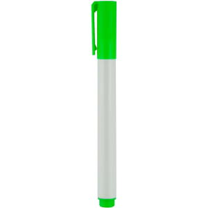 A whiteboard marker with a green cap and tip, featuring a white body. It has a clip for easy attachment.