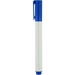 A blue whiteboard marker with a white barrel, featuring a clip on the cap. It has a branded logo.