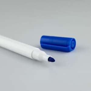 A whiteboard marker with a white body and a blue cap, featuring a blue felt tip. Branding is present on the marker.