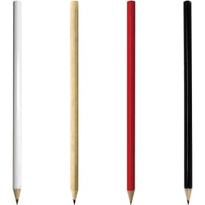 A set of four wooden pencils in white, natural wood, red, and black, each with a sharpened tip.