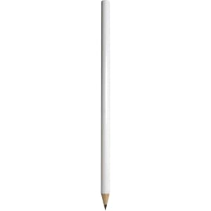 A white wood pencil with a sharpened grey lead tip, featuring a simple design.