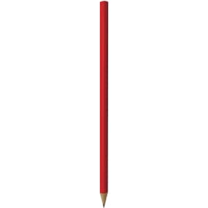 A red wood pencil featuring a sharpened tip and a wooden body, with a logo on the side.