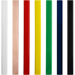 A set of carpenter pencils in various colours: white, natural wood, red, yellow, green, blue, and black.