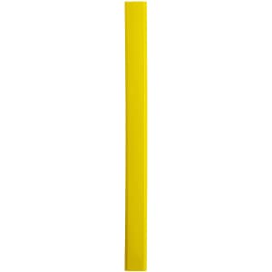 A yellow carpenter pencil with a rectangular shape and a smooth finish. It has a logo on its surface.