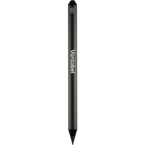 A black pencil with a pointed tip and a logo on the side.
