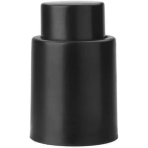 A black wine stopper with a sleek design, featuring a simple, tapered shape. It has a logo on its surface.