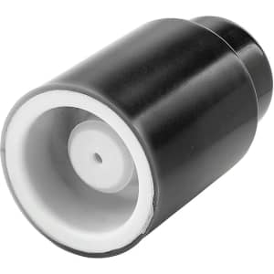 A wine stopper in black with a white interior, featuring a round design and a logo on the surface.