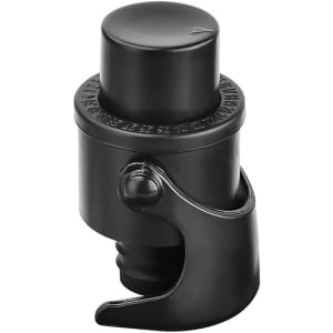 A black champagne stopper with a grip mechanism, designed for sealing bottles. It features a logo.