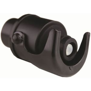 A black champagne stopper with a sleek design, featuring a curved handle and a secure seal mechanism.
