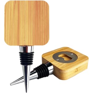 A bamboo wine stopper opener with a square top and metallic accents, featuring a bottle opener and a rubber stopper.