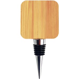 A bamboo wine stopper with a metallic base and a sleek design, featuring a square top.