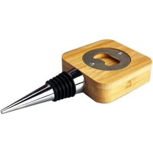 A drink bottle opener with a bamboo base, metal spout, and a built-in bottle opener feature.