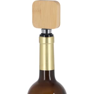 A drink bottle with a bamboo wine stopper opener, featuring a square top and metallic base.