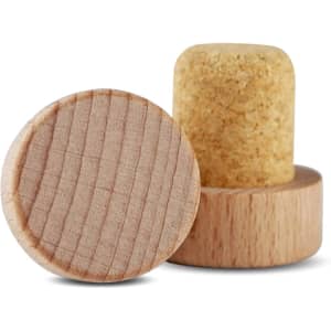 A wooden wine stopper with a cork top and a smooth base, featuring a natural wood finish.