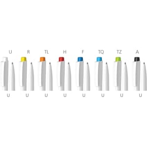 A row of plastic pens in various colours including yellow, orange, red, blue, green, and black, with white bodies and branding.
