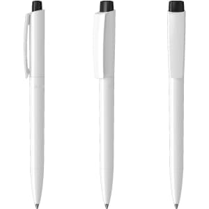 A set of white plastic pens featuring a sleek design and black accents. Includes a logo on one pen.