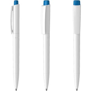 A set of white plastic pens with blue accents and a clip, featuring a sleek design. Branding is visible on the pens.