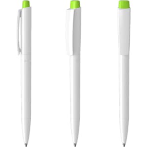 A white plastic pen with a green cap and clip, featuring a sleek design and an antibacterial feature.