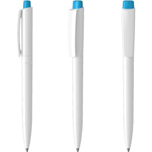 A set of three plastic pens in white with blue accents, featuring a logo on the side.