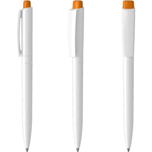 A white pen with orange accents, featuring a clip and a retractable mechanism. It includes a logo on the side.
