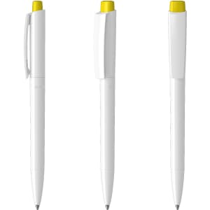 A white plastic pen with a yellow cap and tip, featuring a clip and an antibacterial design.
