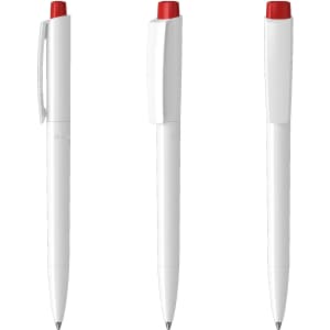 A set of white plastic pens with red caps, featuring a logo on the side.