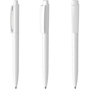 A set of three white plastic pens with different angles and a clip, featuring a branding logo.