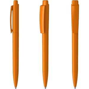 Three orange plastic pens positioned at different angles, featuring a clip and a sleek high-gloss finish.