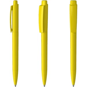 A set of three yellow plastic pens featuring different styles and a branding logo.