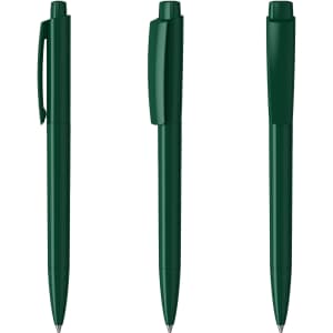 A set of three dark green plastic pens, featuring different designs and a logo on the barrel.