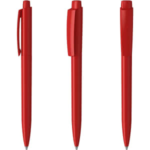 A set of three red plastic pens, featuring a sleek design and a clip on one. Includes a pen with a cap.