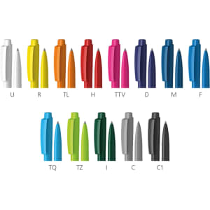 A collection of plastic pens in various colours, including white, orange, pink, blue, green, grey, and black.